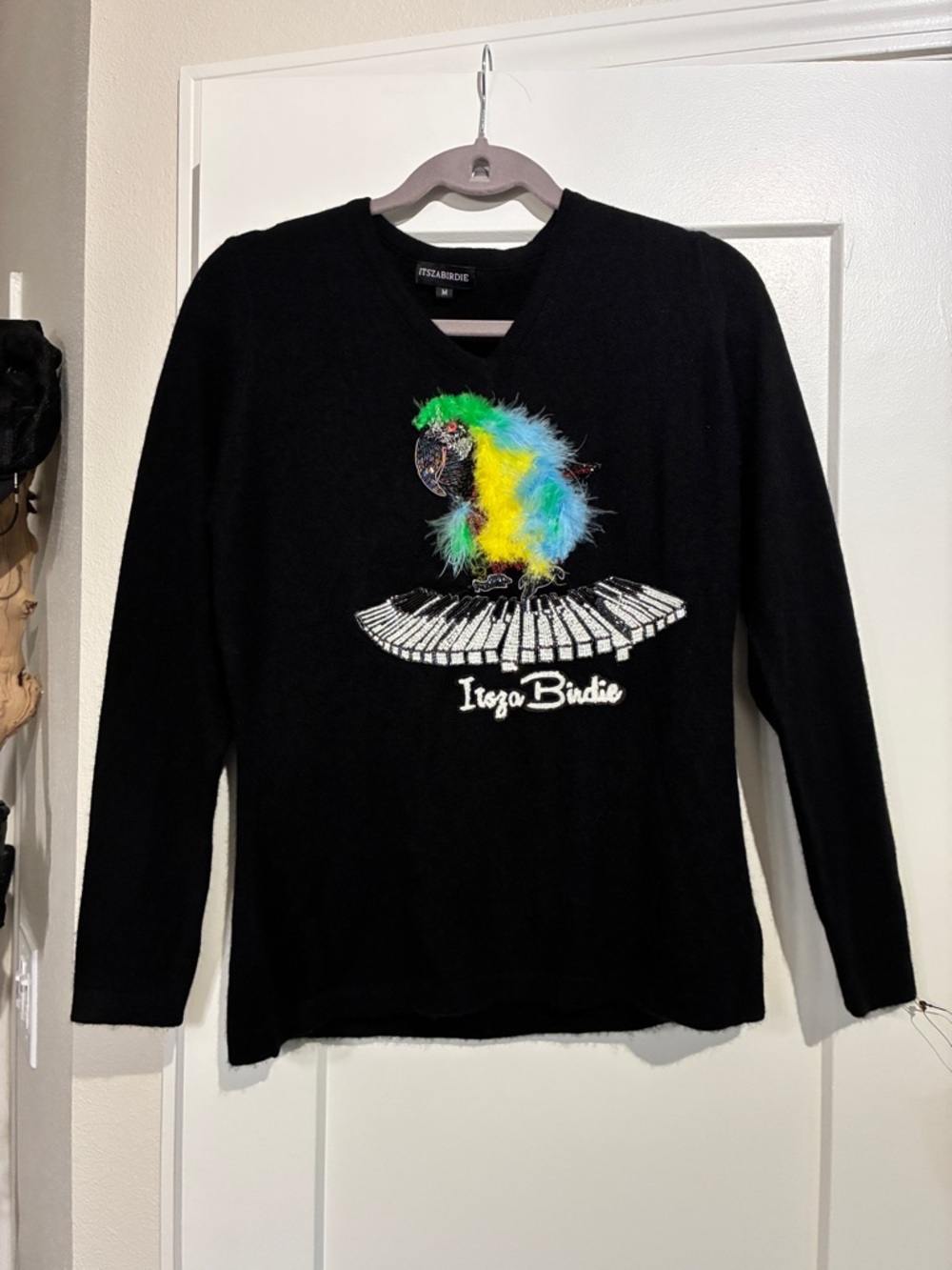 Black Cashmere sweater Itszabirdie parrot macaw piano M NWT made in USA